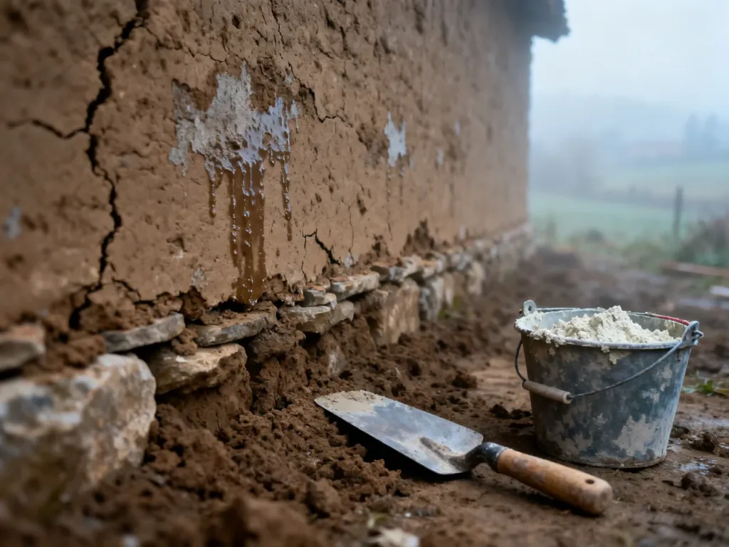 Zniszczony wilgocią fundament gliniany z widocznymi narzędziami murarskimi i zaprawą wapienną przygotowaną do naprawy.