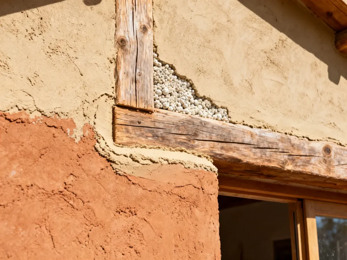 Natural insulating plaster being applied around a timber and clay wall junction