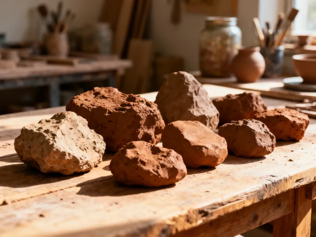 Surowe bryły gliny budowlanej na drewnianym stole w pracowni ceramicznej, podkreślające naturalną teksturę materiału.