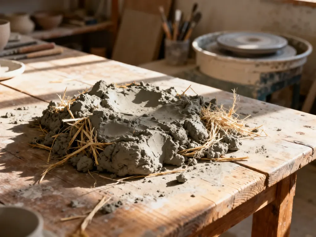 Surowa glina z domieszką słomy i włókien organicznych na drewnianym stole w pracowni ceramicznej.