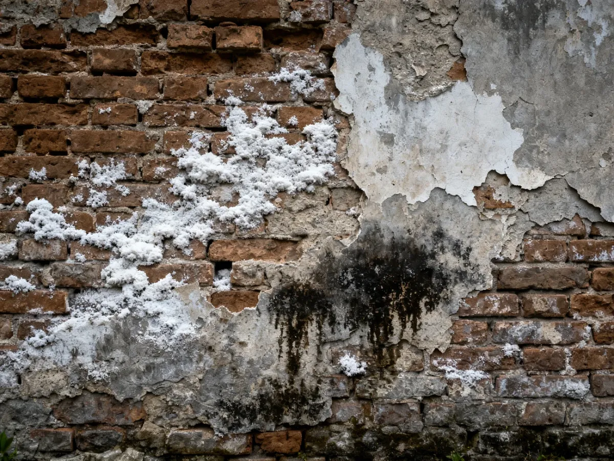 Zawilgocony stary mur z wykwitami solnymi i wykruszającymi się cegłami