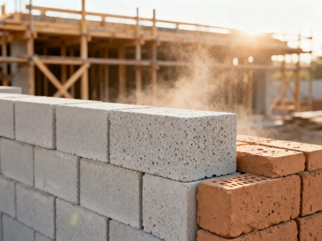 Porównanie bloczków z betonu komórkowego i glinianych na placu budowy w świetle porannego słońca.