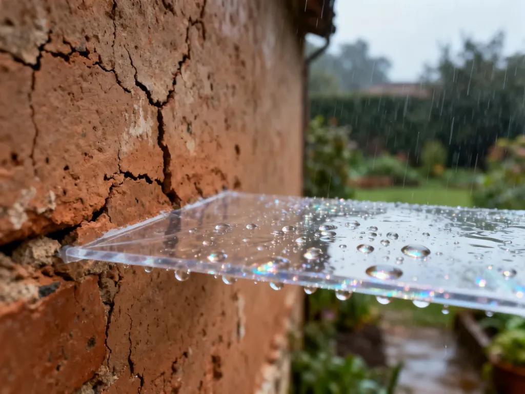 Zbliżenie na glinianą ścianę z nakładaną warstwą hydrofobową, po której spływają krople deszczu.