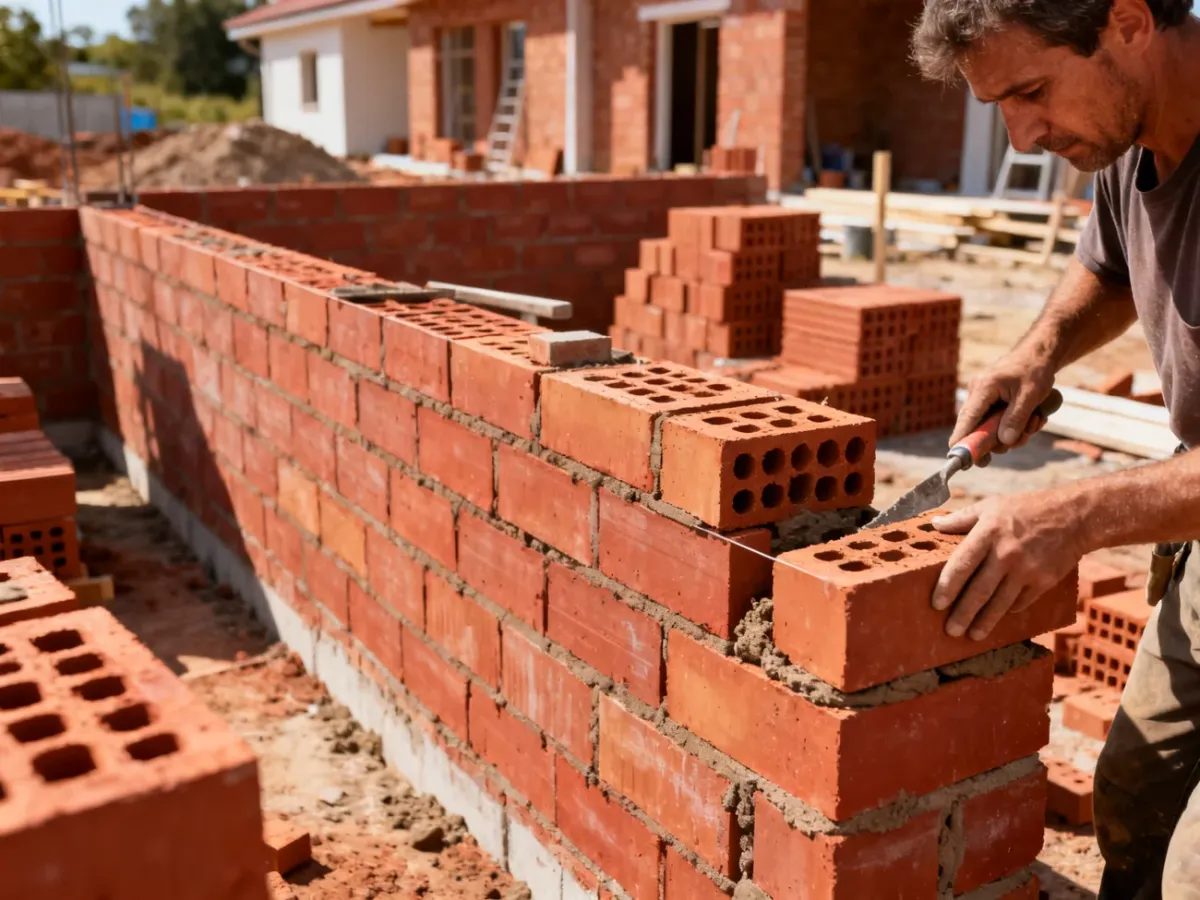 Murarz układający ceramiczne pustaki na ścianie domu