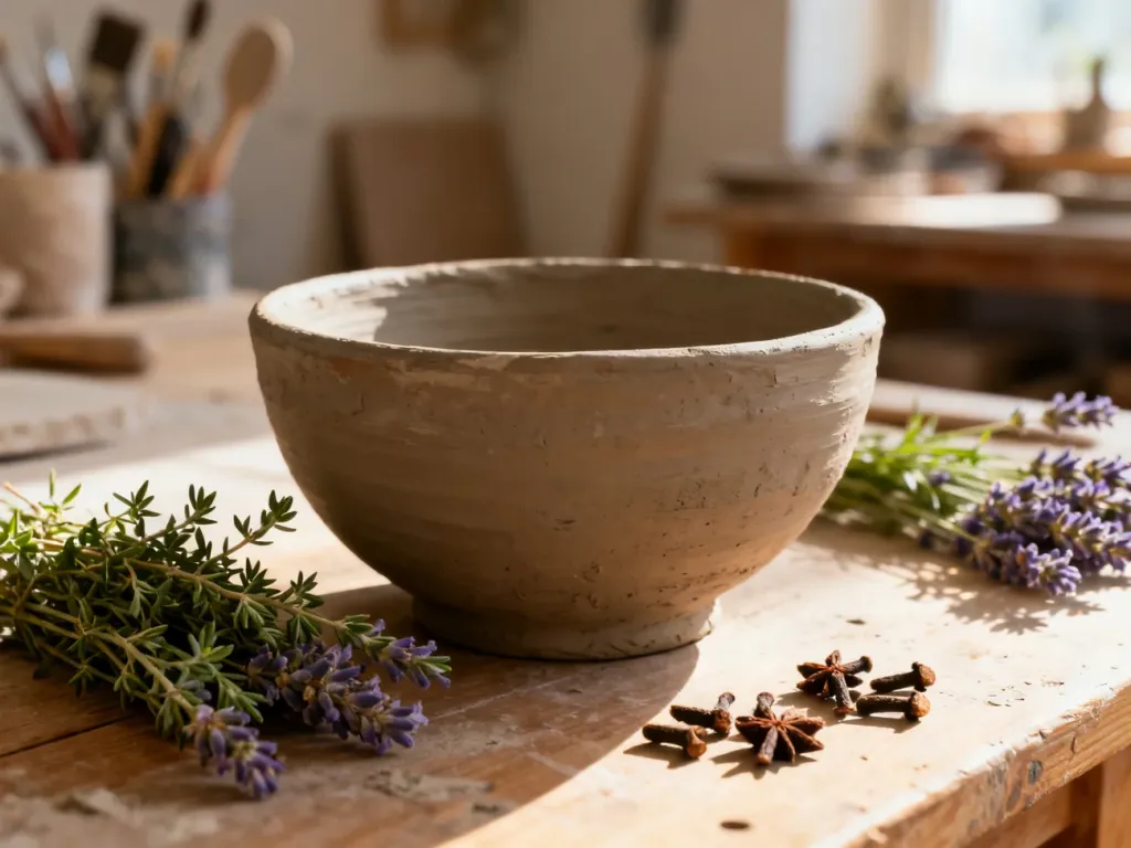 Rustykalna ceramiczna miska otoczona ziołami i przyprawami na drewnianym stole w pracowni garncarskiej.