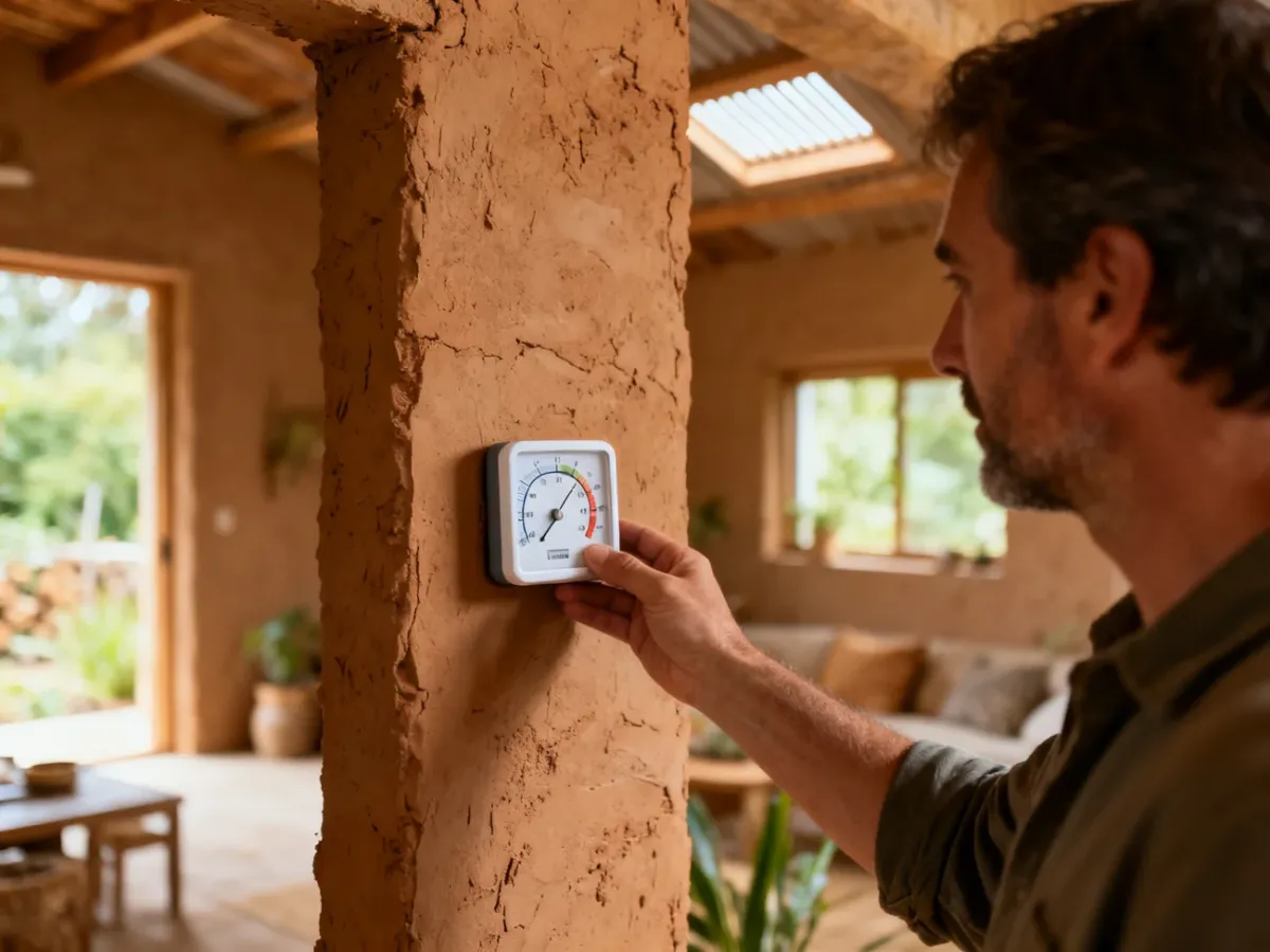 Homeowner checking humidity in a clay-plastered room