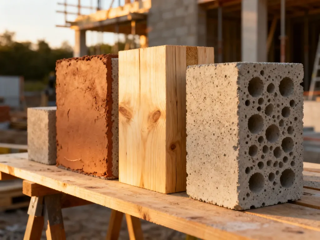 Ekologiczne materiały budowlane, takie jak tynk gliniany, drewno i beton komórkowy, ułożone na drewnianym stole.