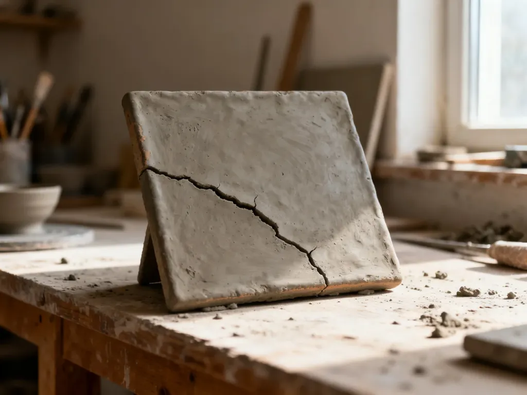 Surowa płytka ceramiczna z widocznym pęknięciem na drewnianym stole w pracowni, ilustrująca proces schnięcia gliny.