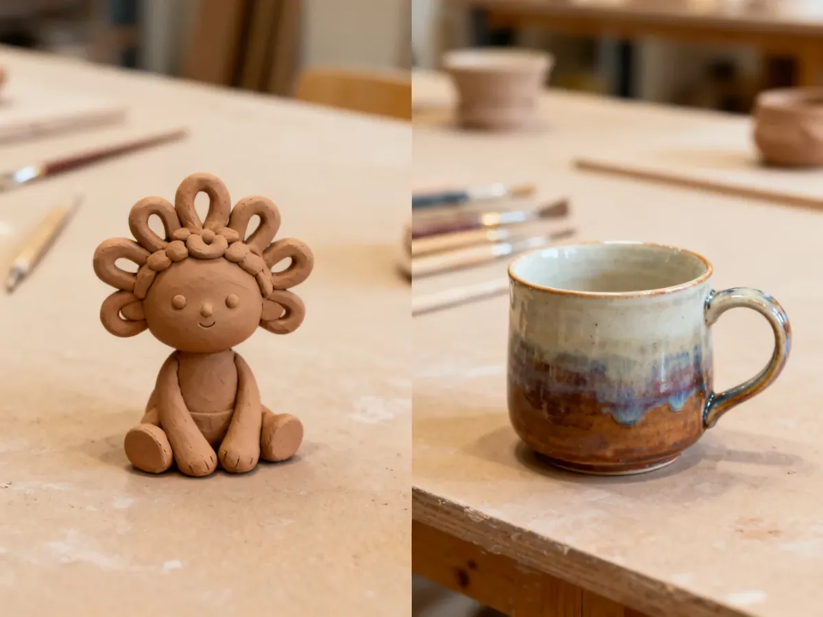 Figurka z gliny samoutwardzalnej i szkliwiony kubek ceramiczny na stole pracowni