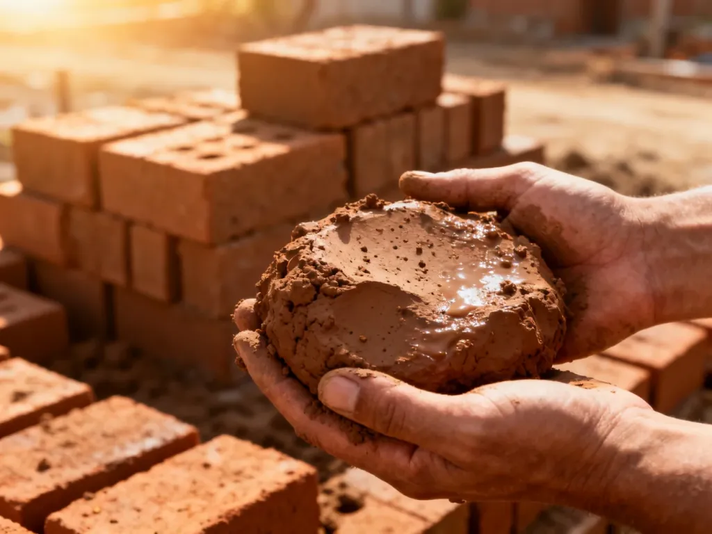 Dłoń trzymająca bryłę naturalnej gliny budowlanej na tle stosu cegieł, podkreślająca organiczną strukturę materiału.