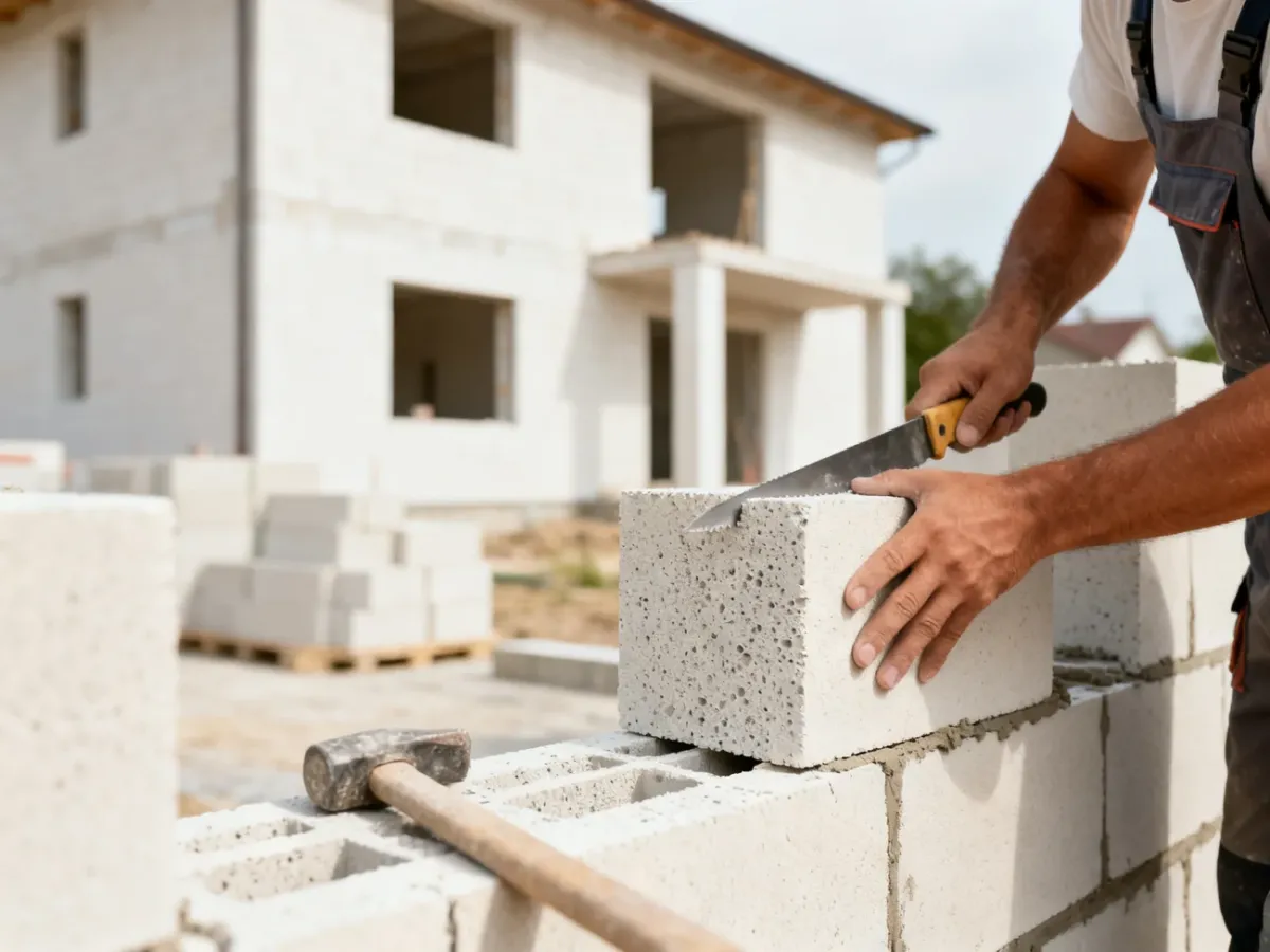 Pracownik docinający lekkie bloczki z betonu komórkowego