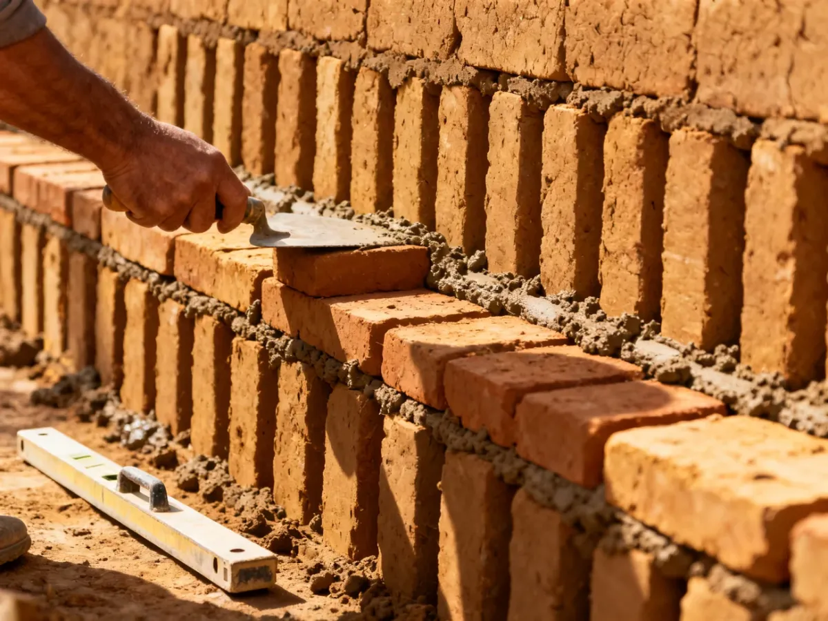 Układanie cegieł adobe na glinianej zaprawie