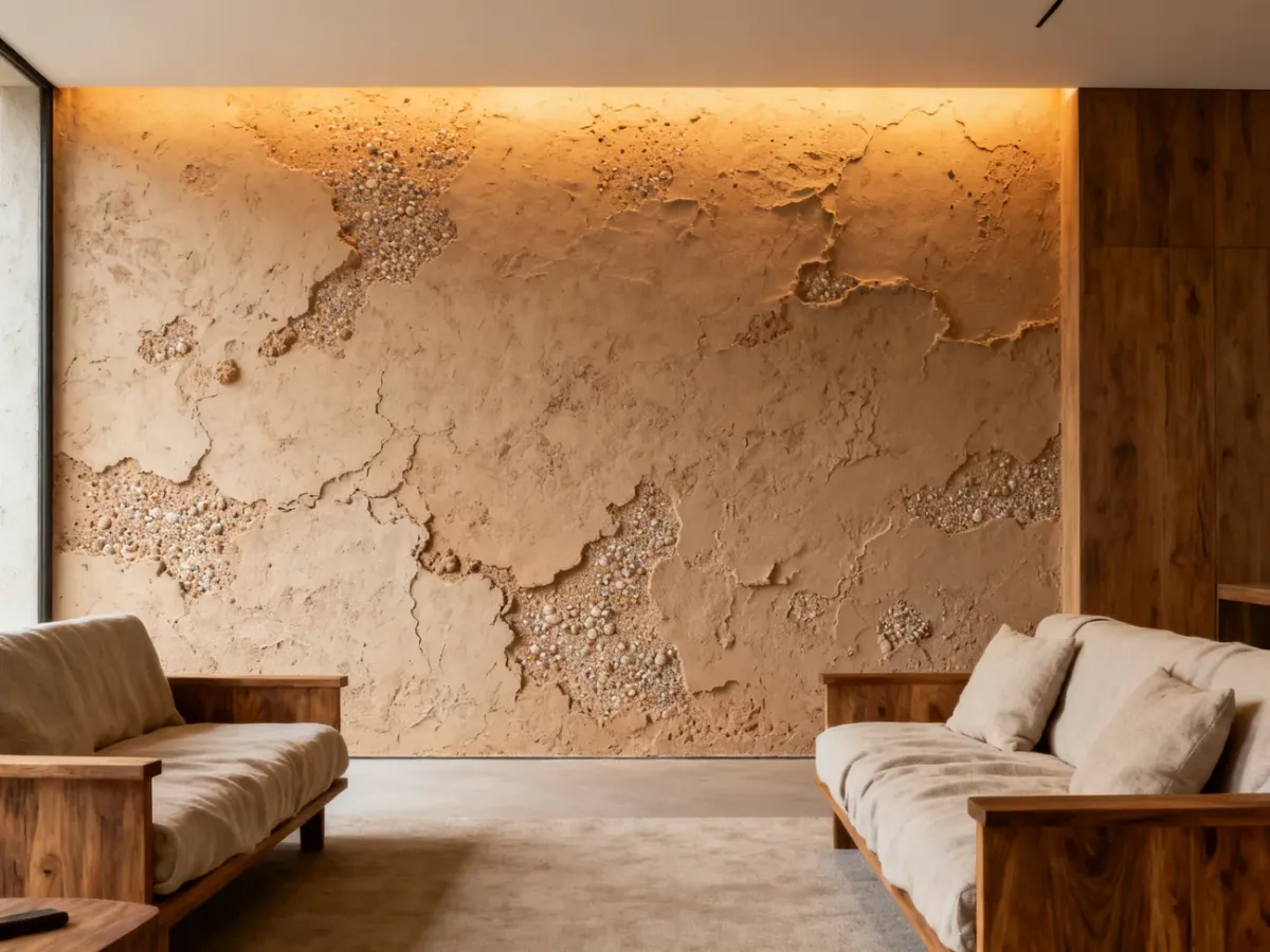 Textured clay plaster accent wall in a natural living room