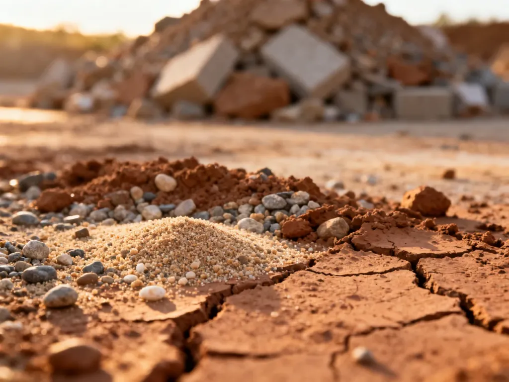 Zbliżenie na teksturę gliny z domieszką piasku i kruszywa, ukazujące strukturę naturalnego materiału budowlanego.