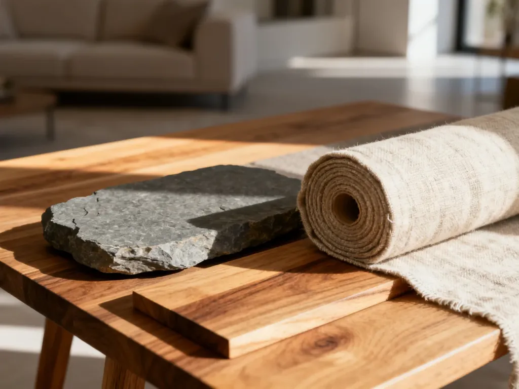 Zbliżenie na naturalne materiały: dębowe drewno, surowy łupek i lnianą tkaninę, podkreślające estetykę wnętrz w stylu eko.
