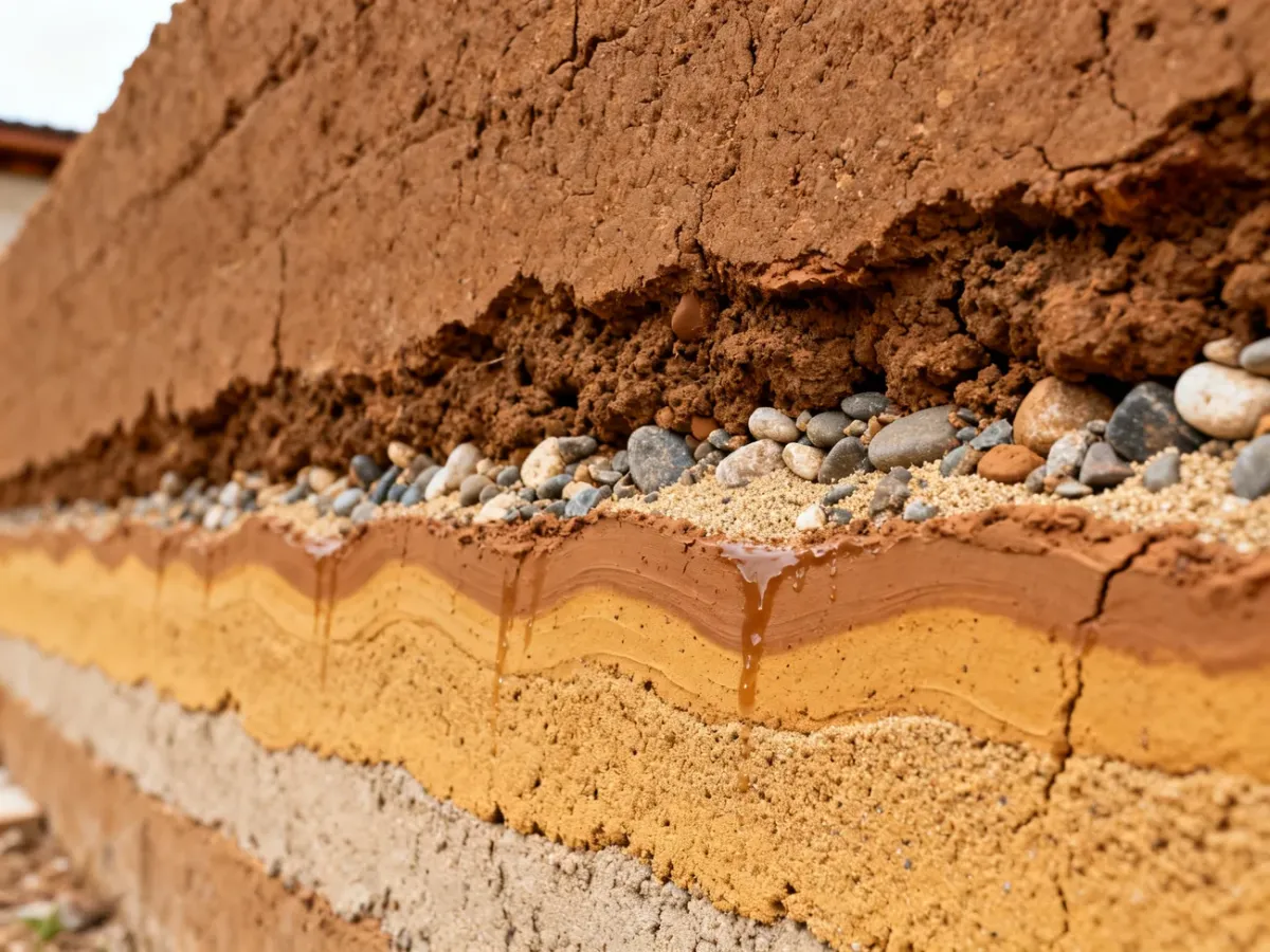 Przekrój warstwowej ściany z ubitej ziemi z widoczną strukturą materiału