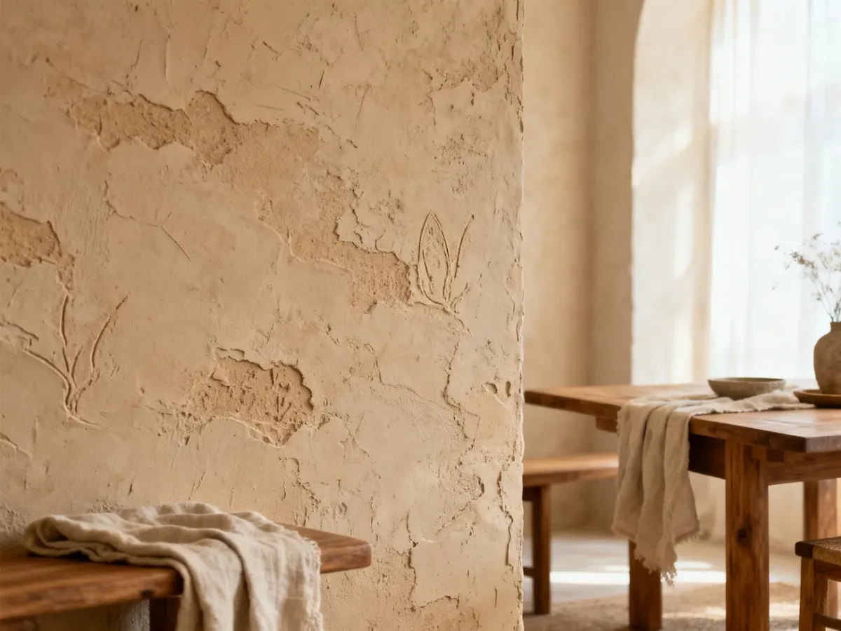 Natural interior with a warm decorative clay-plastered wall