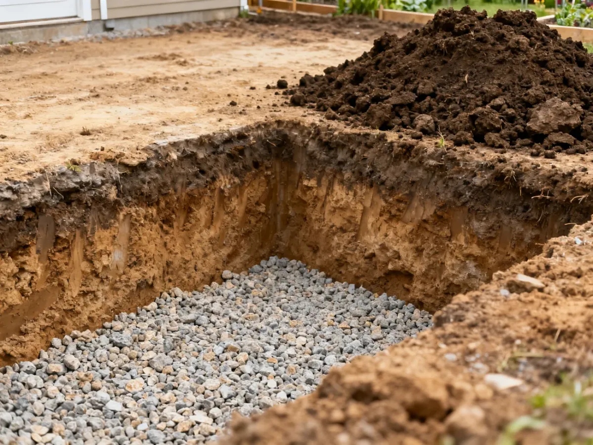 Wykop fundamentowy z usuniętą warstwą humusu i odsłoniętym gruntem