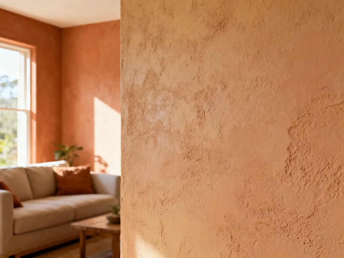 Natural clay plaster wall in a comfortable, softly lit living room