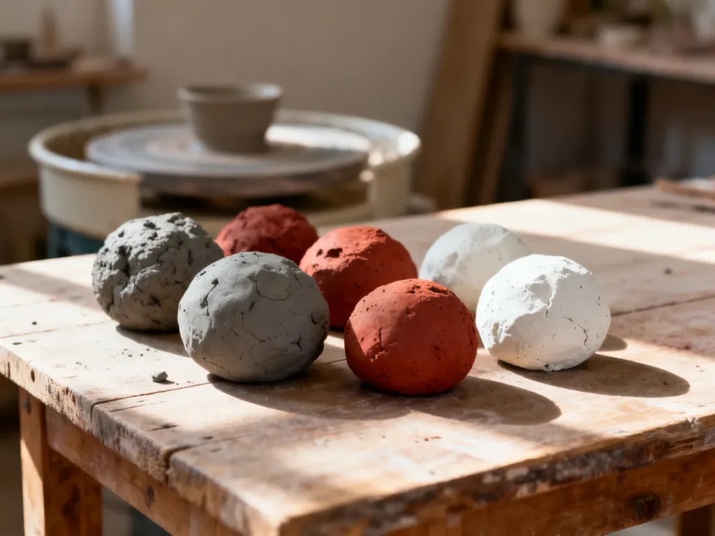 Różne rodzaje surowej gliny w odcieniach szarości, czerwieni i bieli ułożone na drewnianym stole w pracowni ceramicznej.