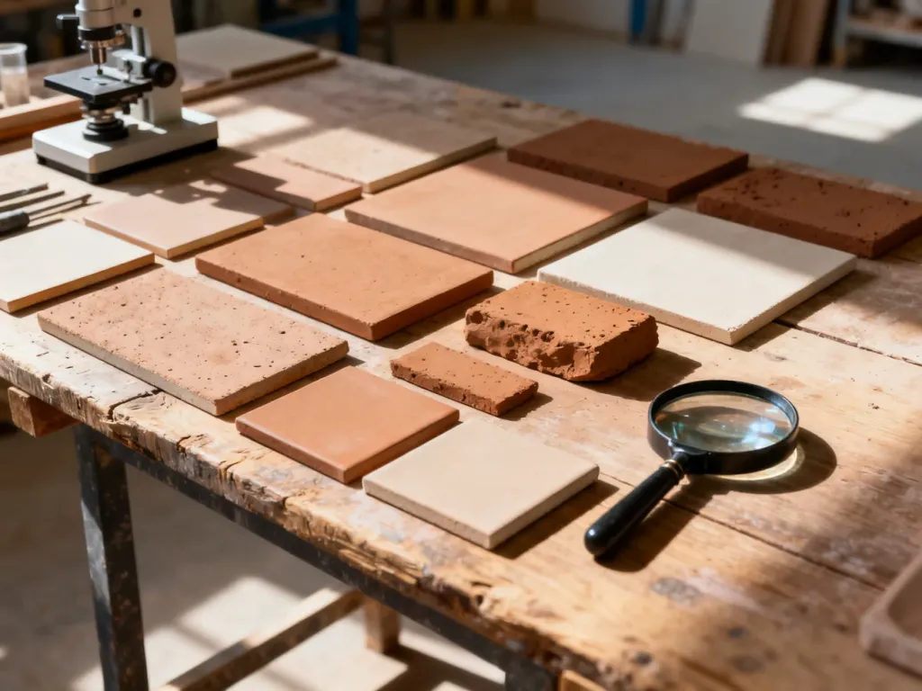 Próbki gliny i płytki ceramiczne na warsztacie z narzędziami kontroli jakości, symbolizujące proces atestacji materiałów.
