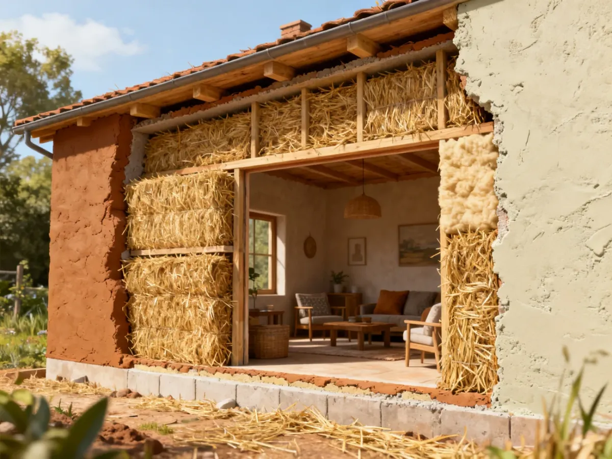 Straw bale wall with interior clay plaster and exterior protective finish