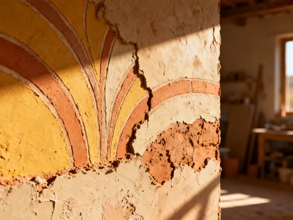 Zbliżenie na sgraffito na tynku glinianym, ukazujące warstwy ziemnych tynków o naturalnej, surowej fakturze.