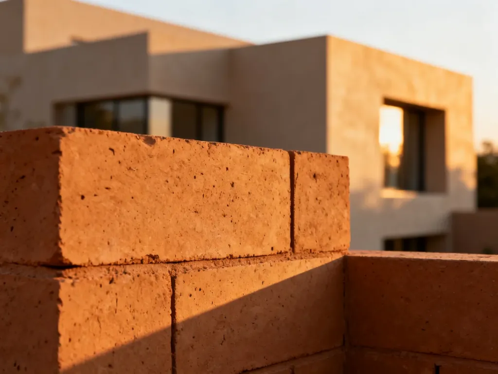 Zbliżenie na fakturę glinianej ściany i minimalistyczną cegłę, podkreślające naturalny charakter materiału w architekturze.
