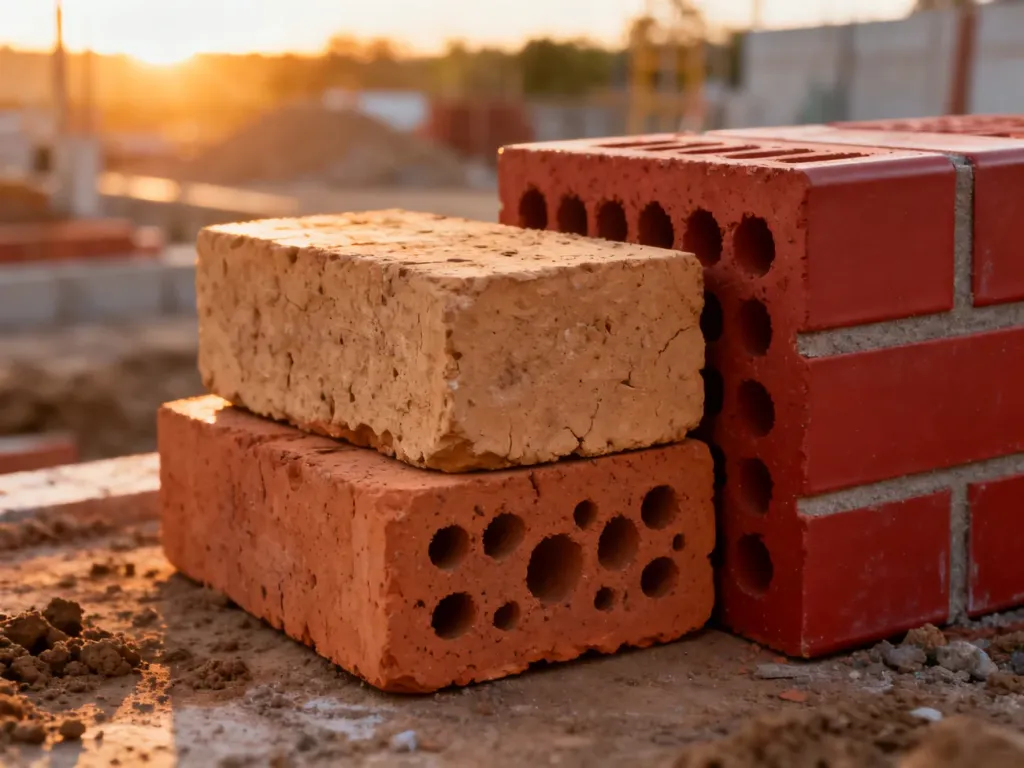 Porównanie naturalnej cegły glinianej z przetworzoną cegłą ceramiczną na tle placu budowy.
