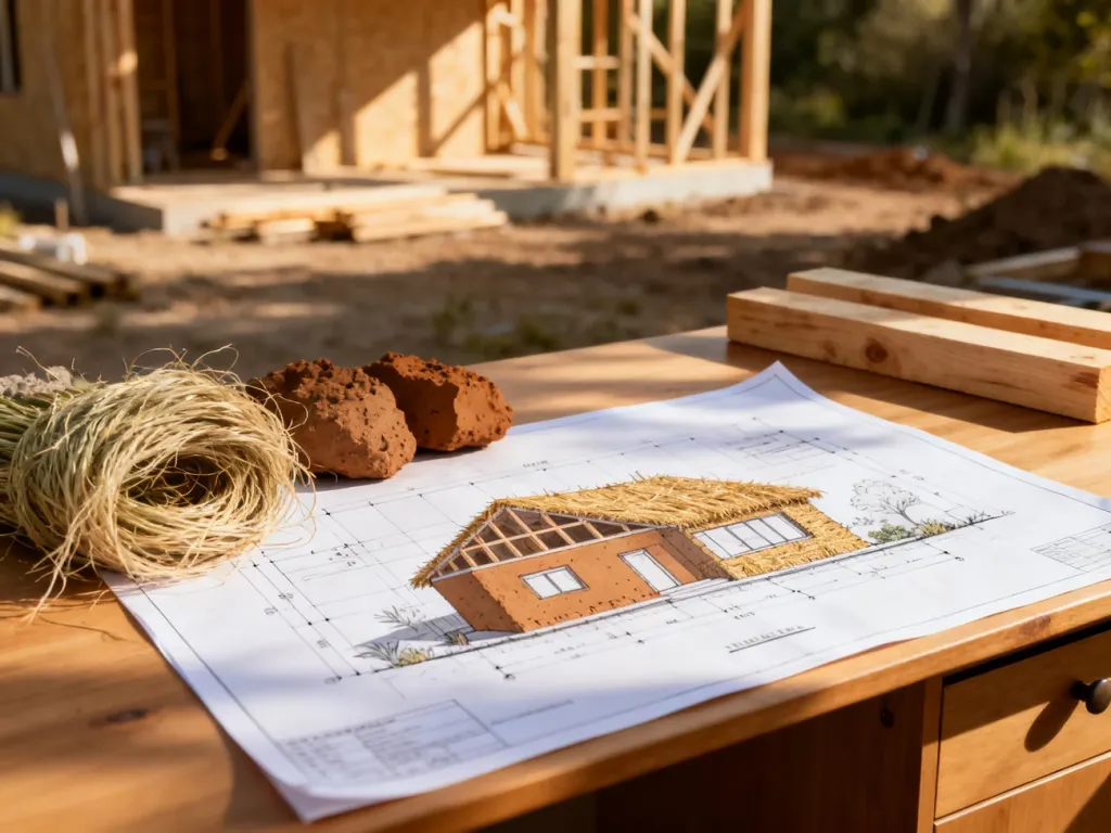 Projekt architektoniczny domu z naturalnych materiałów, takich jak słoma i glina, leżący na drewnianym stole.