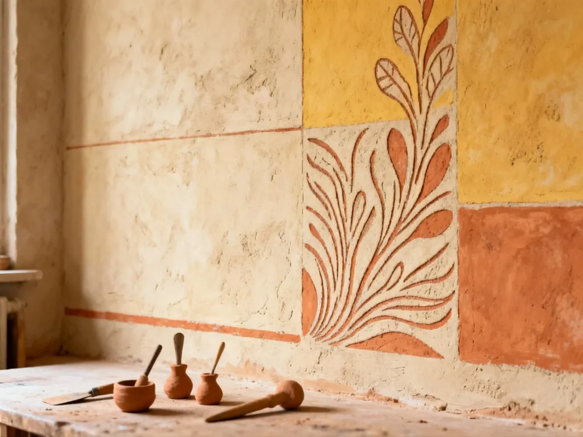 Gotowy prosty wzór sgraffito na tynku glinianym