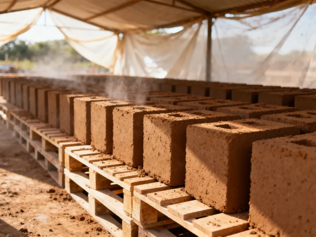 Suszące się cegły adobe ułożone pod zadaszeniem