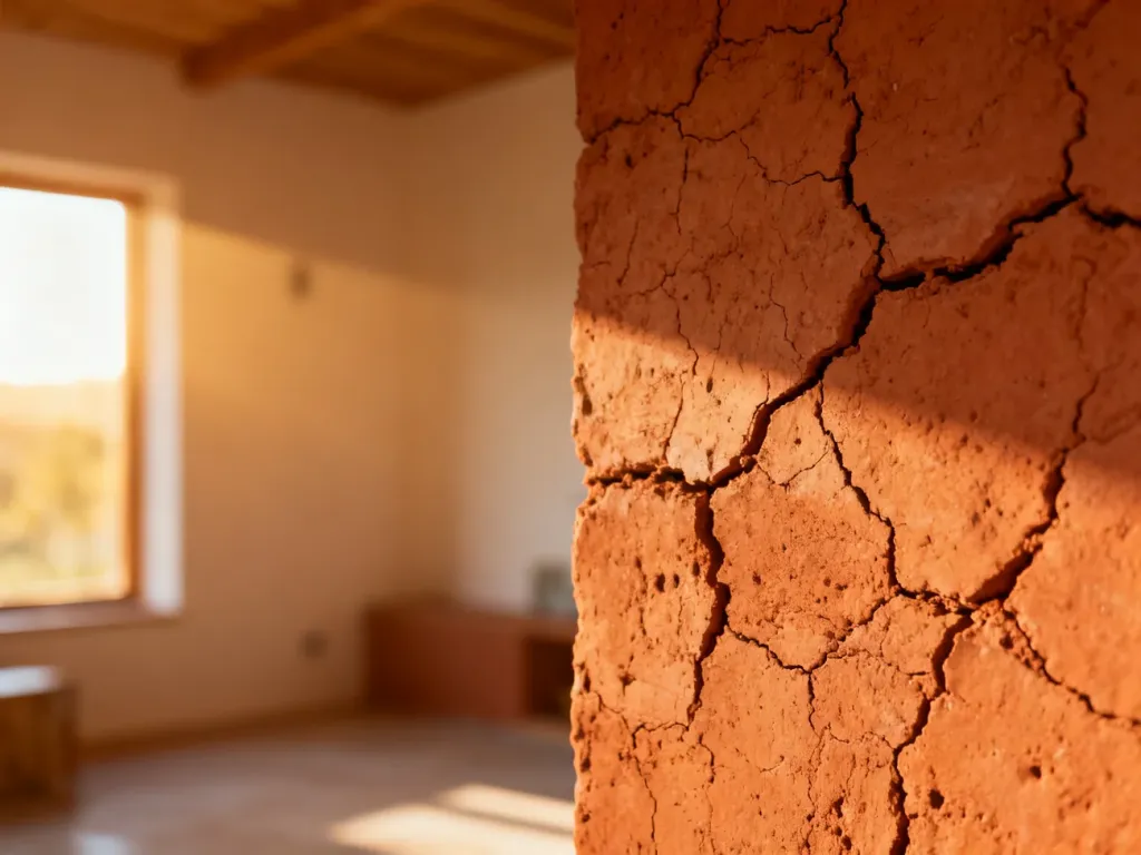 Zbliżenie na surową, glinianą ścianę o ciepłej barwie, podkreślające naturalną teksturę i właściwości akumulacyjne materiału.
