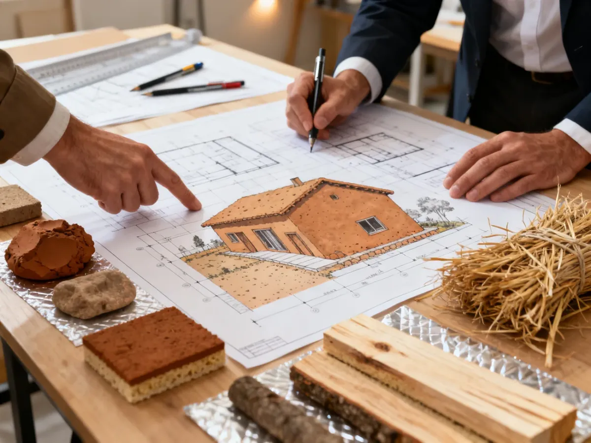Architekt i konstruktor analizujący projekt domu z gliny oraz próbki naturalnych materiałów