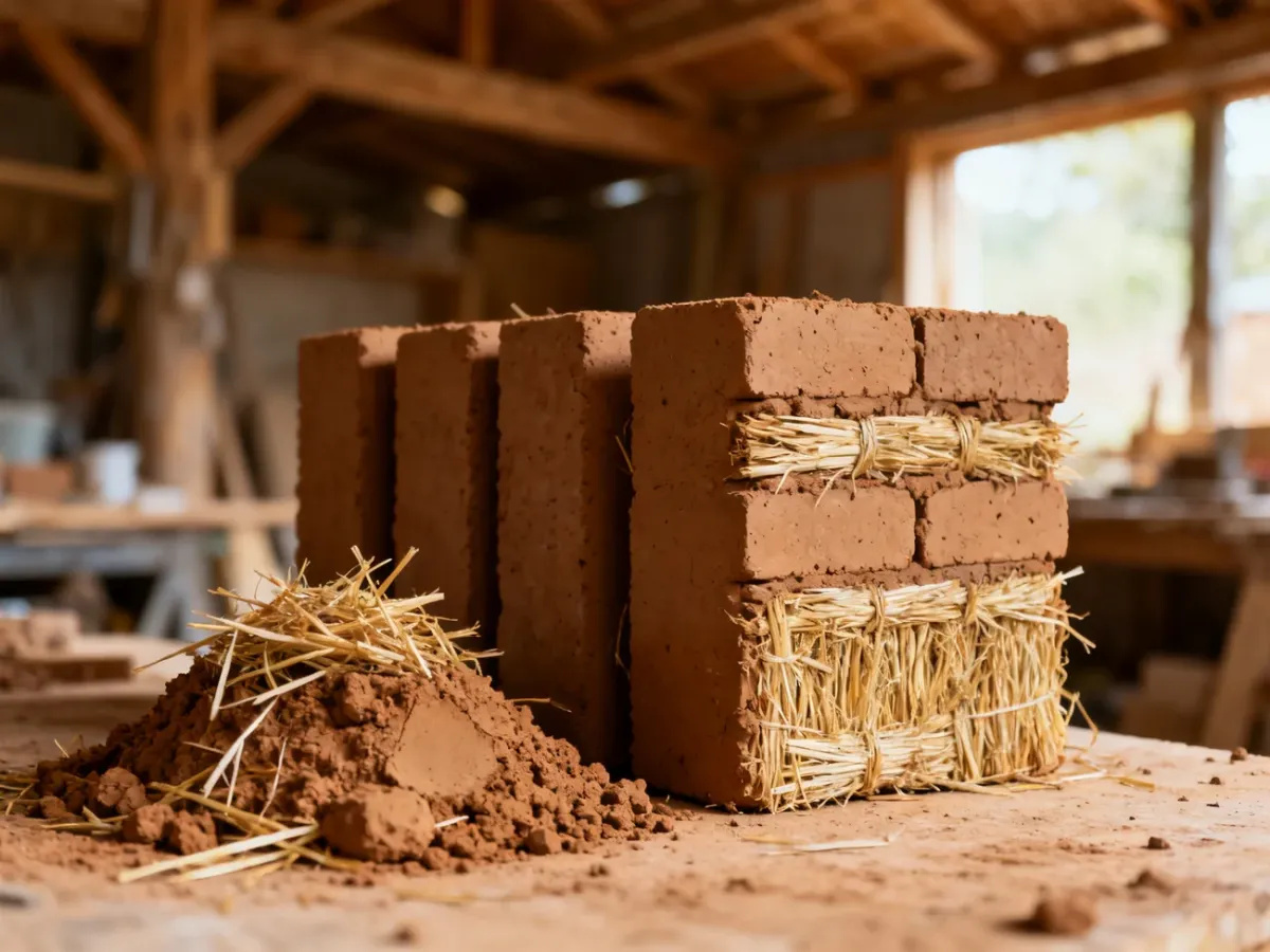 Ręcznie wykonane bloczki gliniano-słomiane w naturalnych kolorach