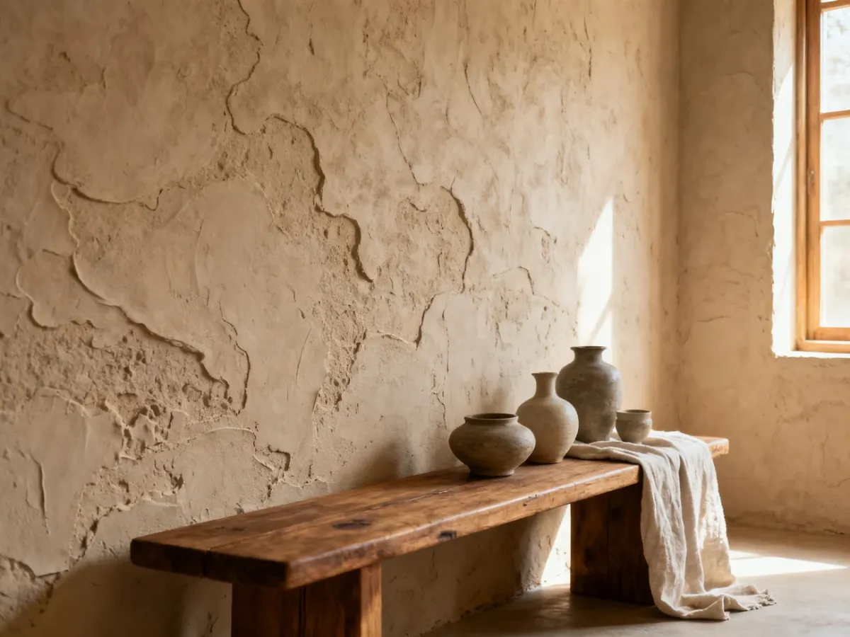 Handcrafted clay-plastered wall in a cozy natural interior