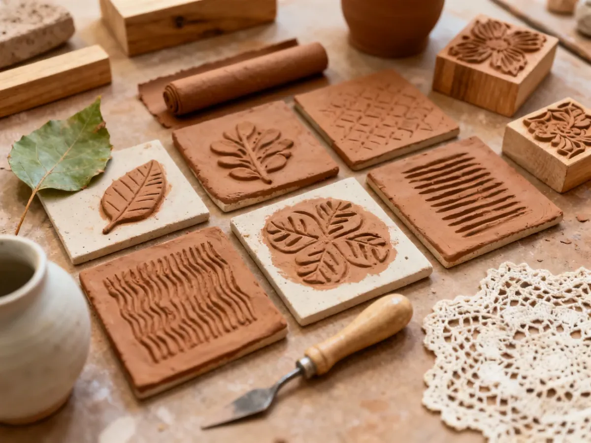 Clay test samples showing varied stamped and natural textures