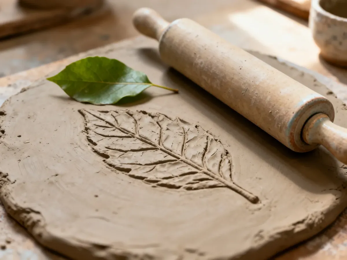 Leaf being pressed into clay to create a natural texture