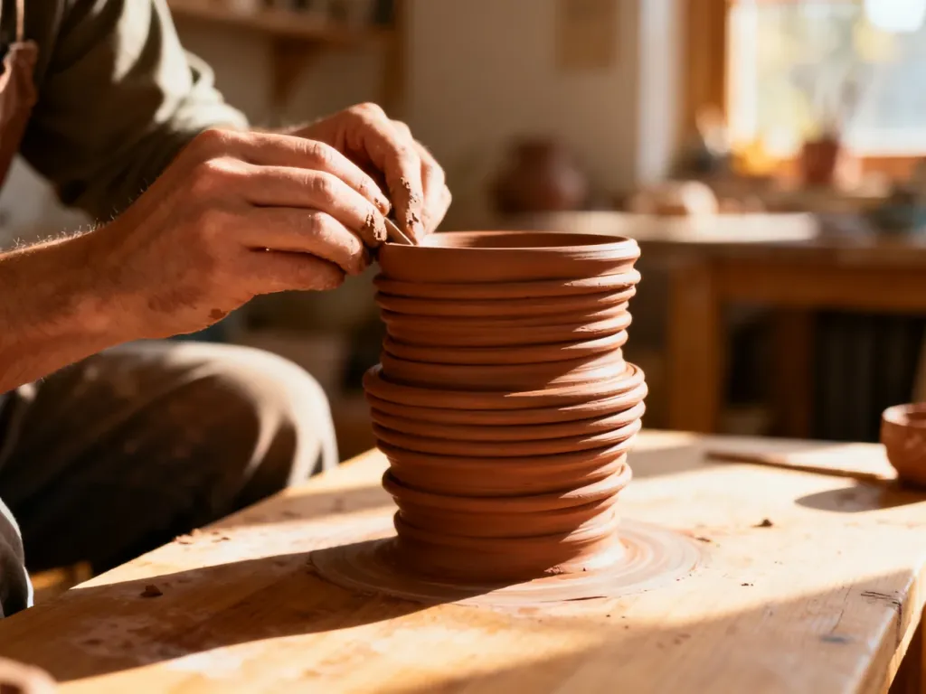 Dłonie formujące naczynie z glinianych wałeczków na drewnianym stole w słonecznej pracowni ceramicznej.