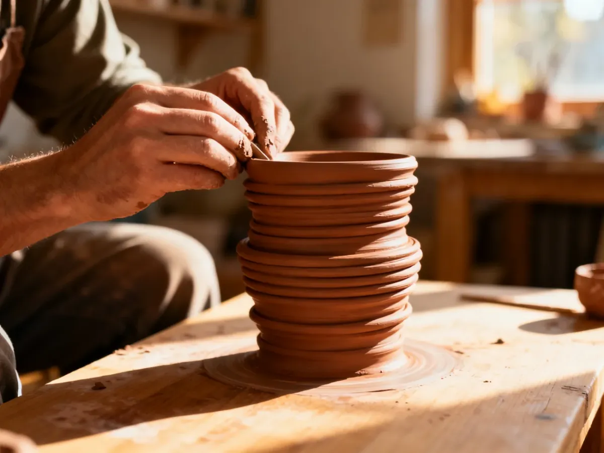 Dłonie formujące naczynie z glinianych wałeczków na drewnianym stole w słonecznej pracowni ceramicznej.