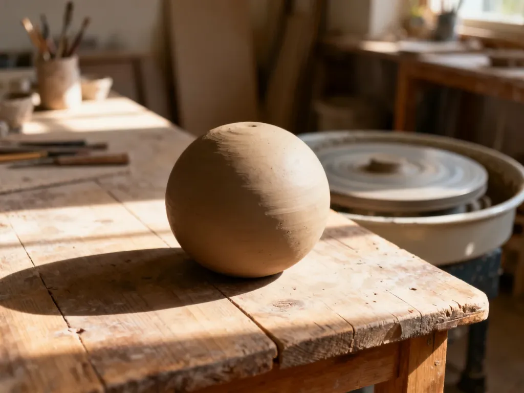 Idealnie gładka, ręcznie uformowana gliniana kula na drewnianym stole w pracowni ceramicznej.