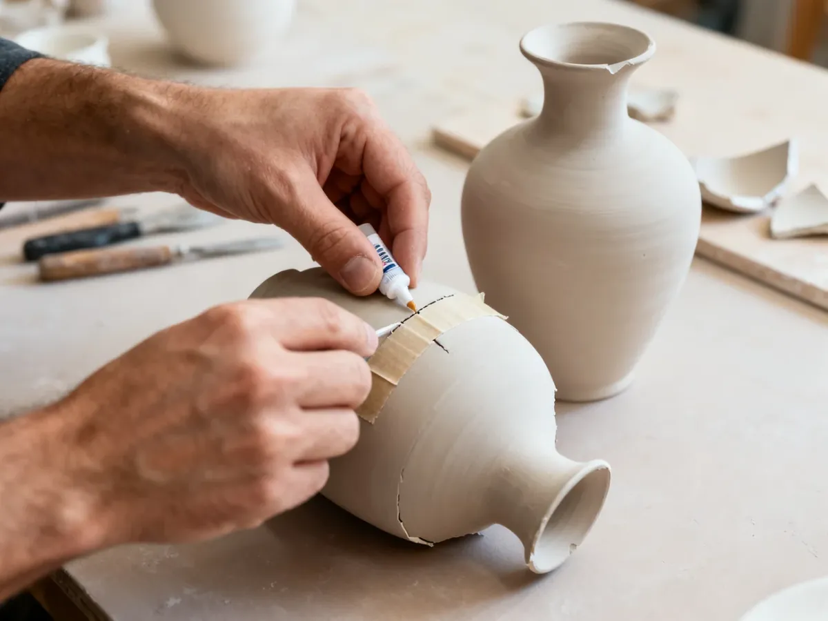 Sklejanie pękniętych elementów ceramicznego wazonu