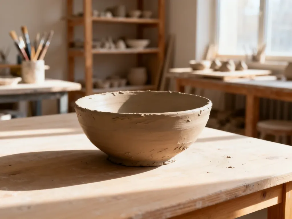 Surowa, wilgotna miska z gliny na drewnianym stole w pracowni ceramicznej, przygotowana do procesu suszenia.