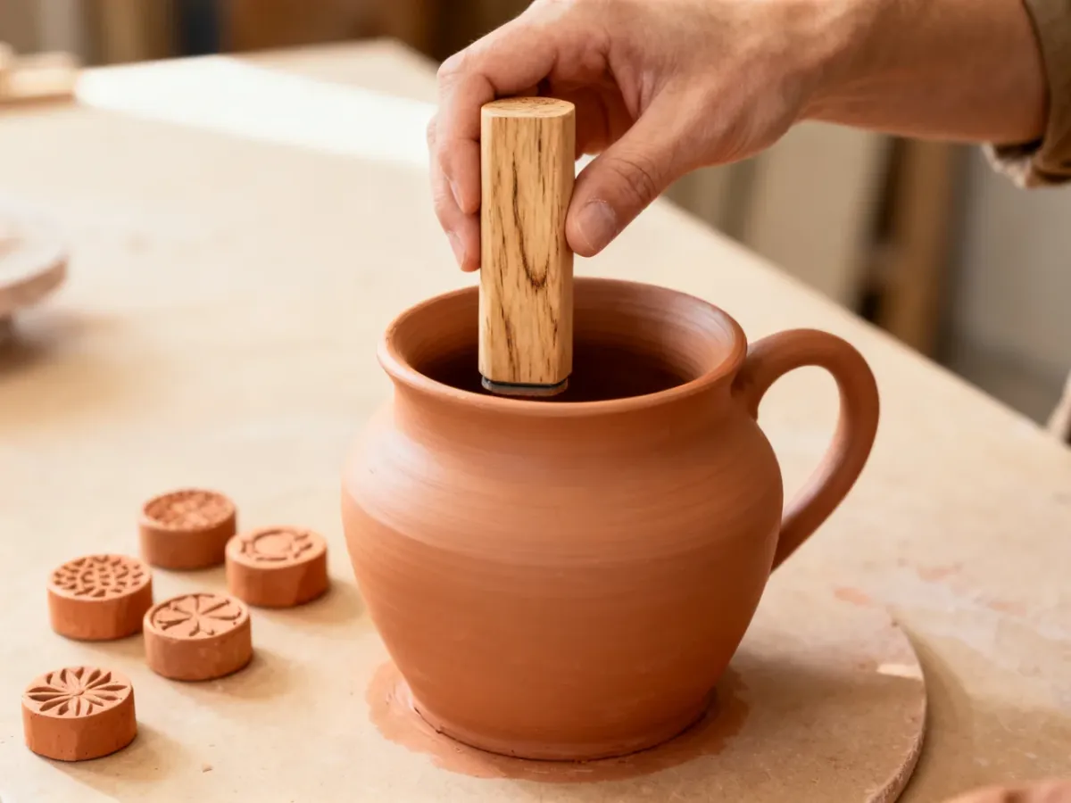 Ceramic artist creating a clear stamped pattern on a clay vessel