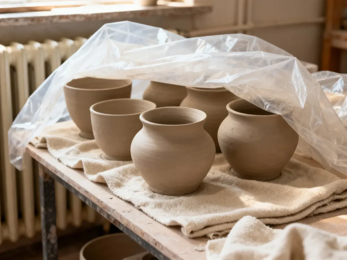 Świeże naczynia ceramiczne osłonięte podczas powolnego suszenia